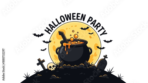 Halloween Party Invitation with Spooky Cauldron, Moon, Bats, and Gravestones