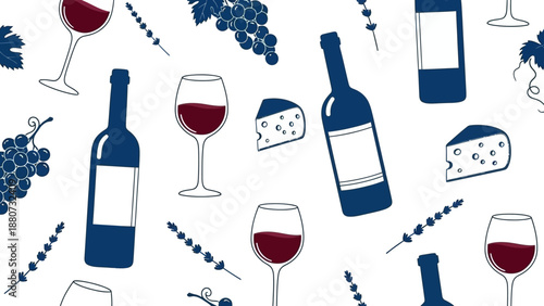 Seamless Pattern with Wine Bottles, Glasses, Grapes, Cheese, and Lavender Sprigs