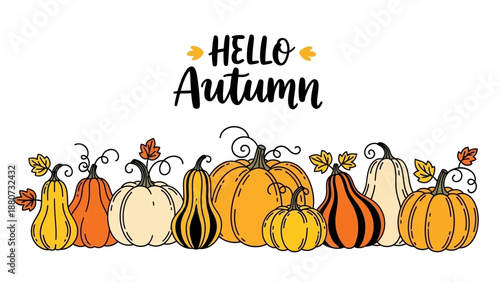 Hello Autumn Greeting with Decorative Pumpkins and Fall Leaves Border