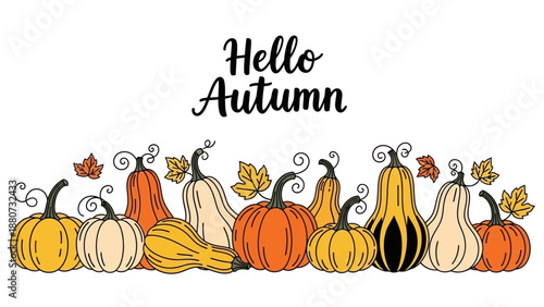 Hello Autumn Text with Hand-Drawn Pumpkins and Falling Leaves Border