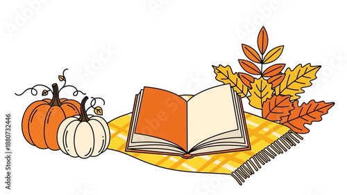 Cozy Autumn Scene with Pumpkins, Open Book, and Fall Leaves on a Blanket