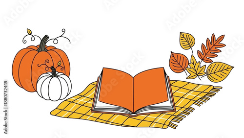 Cozy Autumn Scene: Open Book, Pumpkins, and Falling Leaves on a Blanket