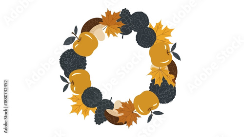 Autumn Wreath with Apples, Berries, Mushrooms, and Maple Leaves