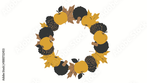 Autumn Wreath with Apples, Pine Cones, and Leaves for Seasonal Decor