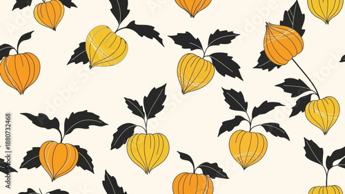Seamless Pattern of Yellow and Orange Chinese Lantern Plants with Dark Leaves