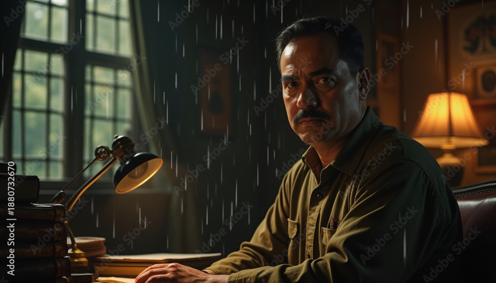 Obraz premium Man Studying at Desk with Lamp Light and Rain Outside Window
