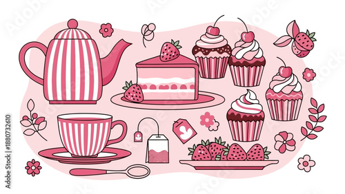 Pink Tea Party Set with Cake, Cupcakes, and Strawberries