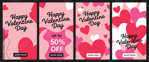 Happy Valentine's Day sale vertical story banners vector set featuring romantic pink and red hearts, perfect for social media advertising and e-commerce shopping.