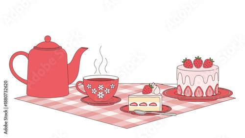 Charming Strawberry Tea Party with Cake and Steaming Cup on a Gingham Blanket