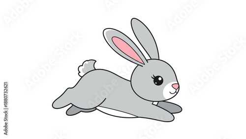 Cute Cartoon Gray Rabbit Hopping with Ears Up, Whimsical Easter Bunny Character