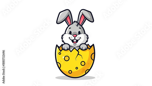 Cute Easter Bunny Peeking Out of a Cracked Yellow Egg with Circles