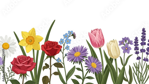 Seamless Border of Diverse Spring Flowers in Full Bloom, Perfect for Decorative Designs