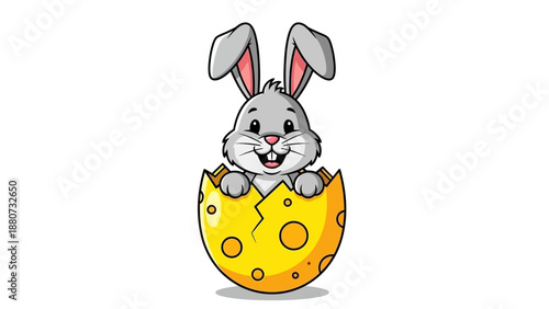 Cute Easter Bunny Emerging from a Cracked Yellow Egg, Festive Spring Celebration