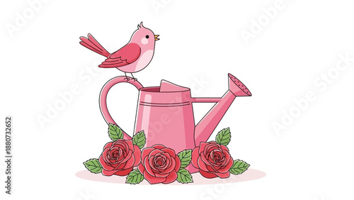 Charming Pink Bird Perched on a Watering Can with Beautiful Roses