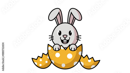 Cute Easter Bunny Emerging From a Cracked Egg with White Polka Dots Pattern