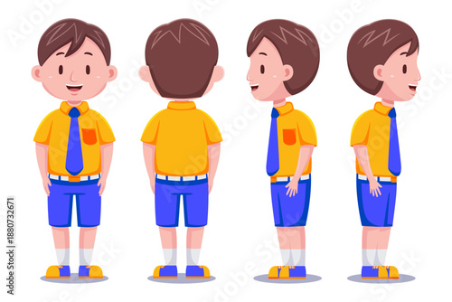 Cartoon-style schoolboy shown from front, side, and back views in yellow and blue uniform.