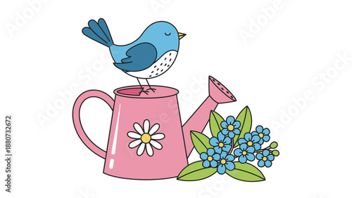 Cute Blue Bird Sitting on a Pink Watering Can with Forget-Me-Not Flowers