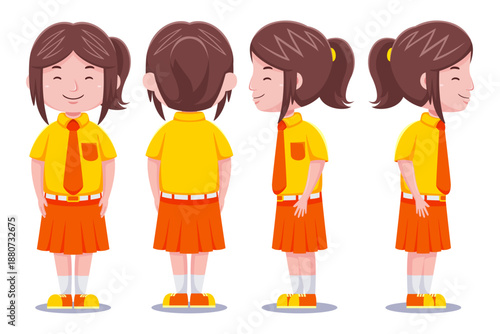 Cartoon-style schoolgirl shown from front, side, and back views in turquoise and purple uniform.