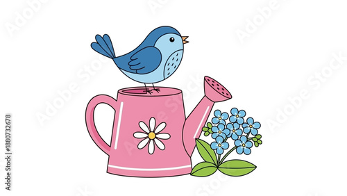 Cute Blue Bird Sitting on a Pink Watering Can with Forget-Me-Nots