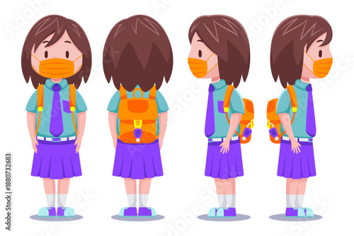 Cartoon-style schoolgirl with mask and backpack shown from front, side, and back views.