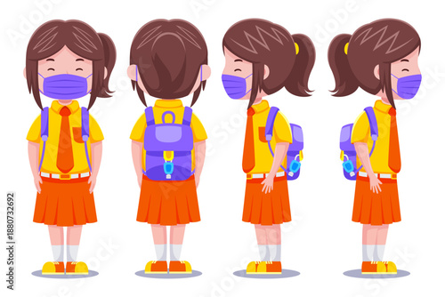 Cartoon-style schoolgirl with mask and backpack shown from front, side, and back views.