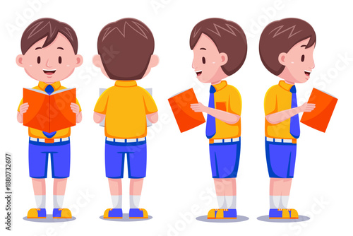 Cartoon-style schoolboy reading a book, shown from front, side, and back views.