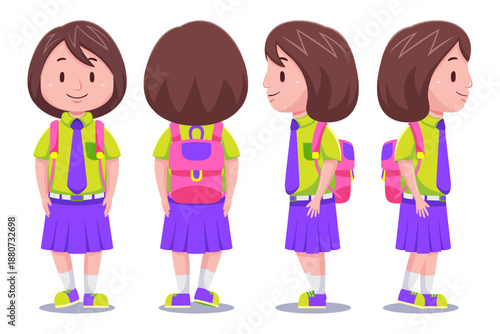 Cartoon-style schoolgirl shown from front, side, and back views in school uniform.