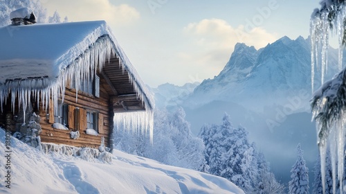 Winter cabin nestled within a snow-covered landscape with icicles hanging