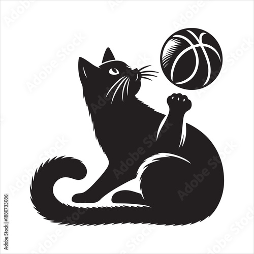 Playful black cat silhouette playing football with a racket and ball vector illustration 