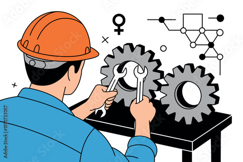 Cartoon male worker fixing gears with wrench on table in workshop setting