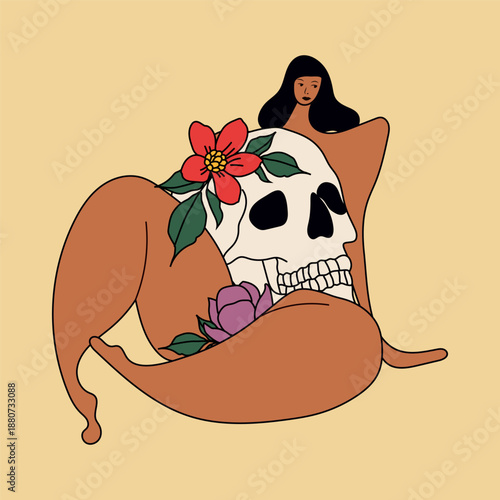 Symbolic Woman and Skull Botanical Tarot Art