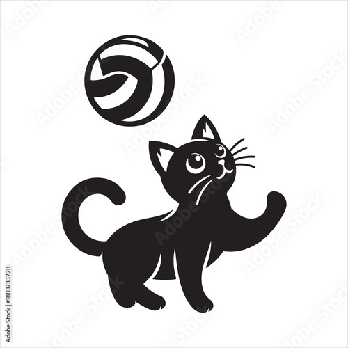 Playful black cat silhouette playing football with a racket and ball vector illustration 