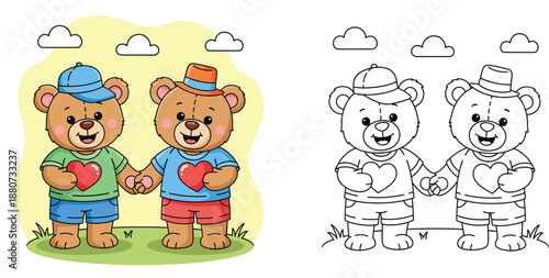 Two cute teddy bears holding hands and hearts with coloring page outline vector illustration