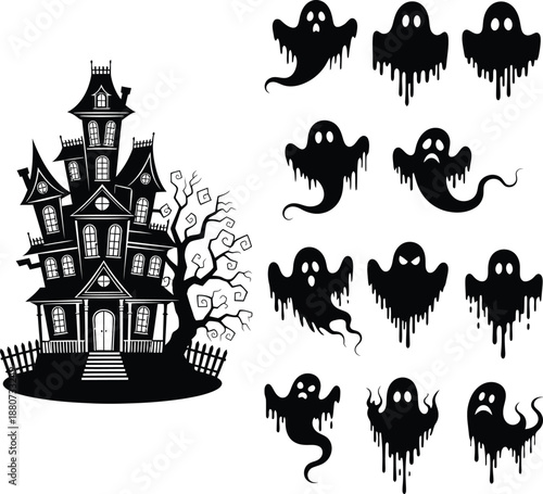 Haunted house with spooky ghost silhouettes collection