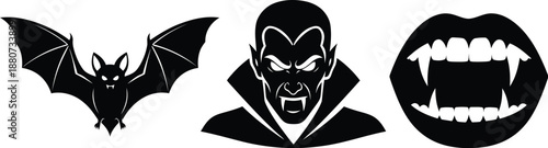 Halloween bat and vampire face vector symbols for spooky design