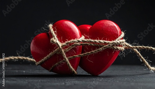 Two Red Hearts Tied Together with Rope on Dark Background.