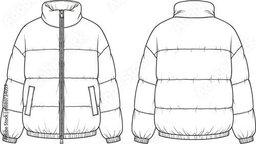 Men's puffer jacket, technical flat sketch, front and back view, vector illustration, winter outerwear design, apparel manufacturing template, isolated background