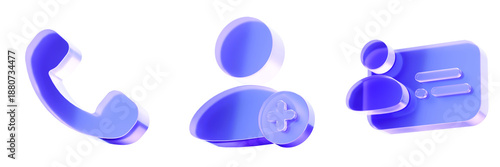 Set 3D Glass contact communication icon isolated on transparent background, concept of phone call, user addition, and personal contact card information. Transparent Liquid Glass icon. 3D rendering.