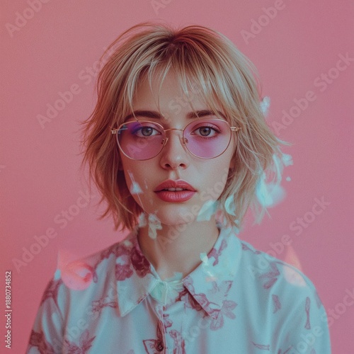 Woman With Blonde Hair and Glasses Poses Against a Pink Background With Flowe...