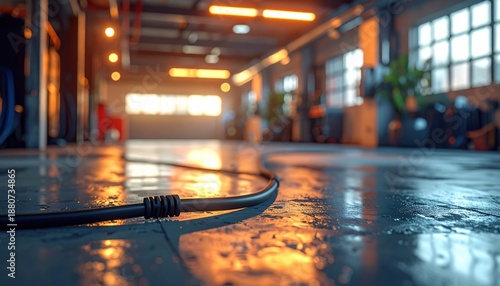 Industrial Garage Interior With Warm Orange Light Reflections On Wet Concrete Floor And Black Cable In Foreground