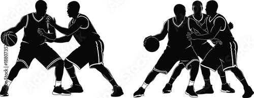 Vector illustration of basketball silhouettes—symbols for teamwork, defense, offense, strategy, motion, competition, athleticism, gesture, posture, and sports interaction design