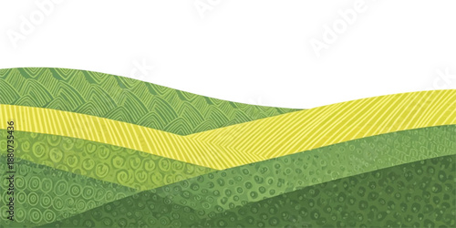Artistic layered green and yellow fields landscape with hand-drawn textures vector illustration