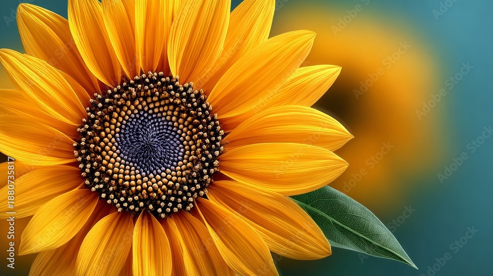 Obraz premium Closeup of vibrant sunflower with intricate seed patterns and bright yellow petals, showcasing natural beauty against a soft blurred background with copy space for design