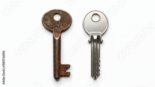 Old Rusty Key Compared to New Shiny Metal Key on White Background