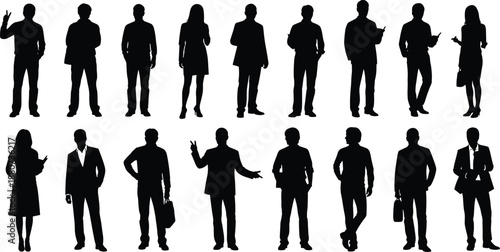 Vector illustration of business silhouettes—symbols for professionalism, posture, attire, gesture, teamwork, identity, corporate culture, leadership, diversity, and workplace representation