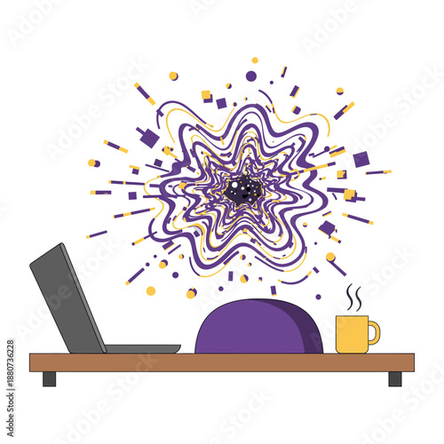 creative thinking process visualization at a desk with a laptop and coffee illustrating problem solving and idea generation for business innovation