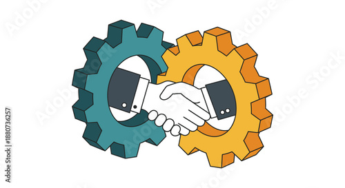 teamwork collaboration agreement illustration showing hands shaking inside interlocking gears for business synergy and successful partnership strategies.