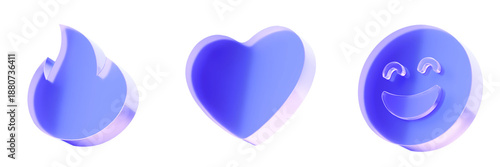 Set 3D Glass social interaction icons isolated on transparent background, concept of user engagement, emotions, and online feedback. Transparent Liquid Glass icon. 3D rendering.