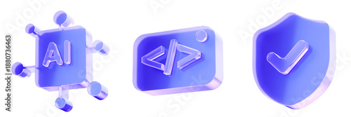 Set 3D Glass artificial intelligence network icon isolated on transparent background, concept of machine learning automation technology. Transparent Liquid Glass icon. 3D rendering.