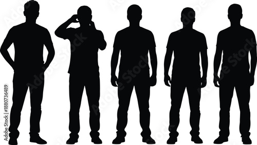Vector illustration of casual male silhouettes—symbols for posture, gesture, identity, fashion, stance, lifestyle, character, expression, and body language design